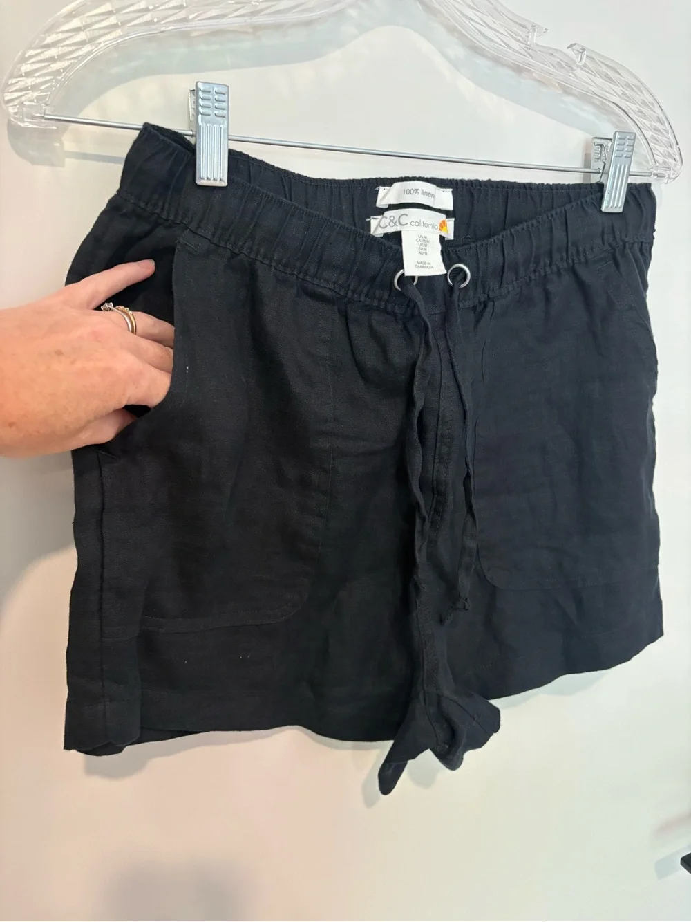 C&C California Black High-Waist Linen Drawstring Shorts M